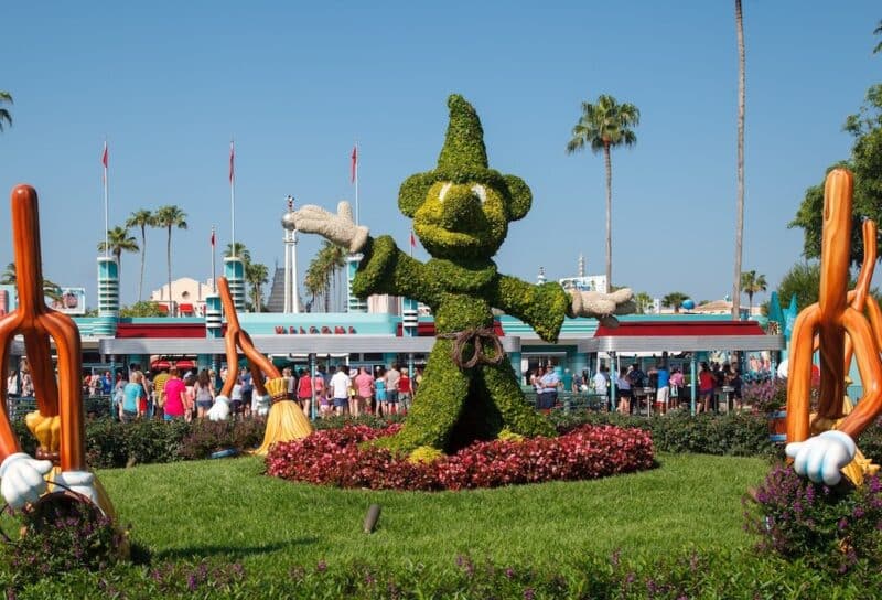 The Mickey Mouse fantasy with the dancing brooms, topiar, Hollywood Studios amusement park, Disney World, Kissimmee, Florida