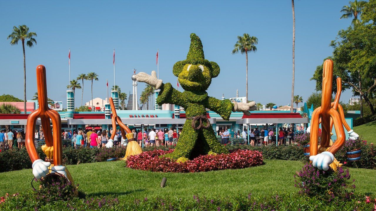 The Mickey Mouse fantasy with the dancing brooms, topiar, Hollywood Studios amusement park, Disney World, Kissimmee, Florida