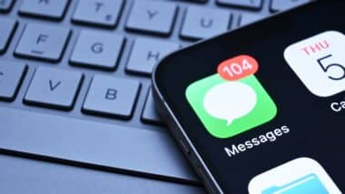 iPhone messages app appears on phone screen.