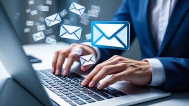 Businessman using laptop, receiving multiple emails
