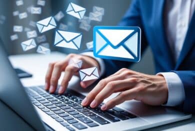 Businessman using laptop, receiving multiple emails