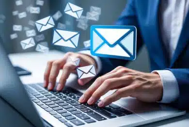 Businessman using laptop, receiving multiple emails