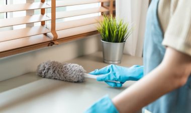 housemaid cleaning furniture surface with sanitizer spray and wiping with wet cloth in living room