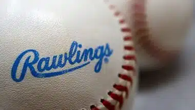 Closeup View of Rawlings Company Signature on Bright New Baseball.