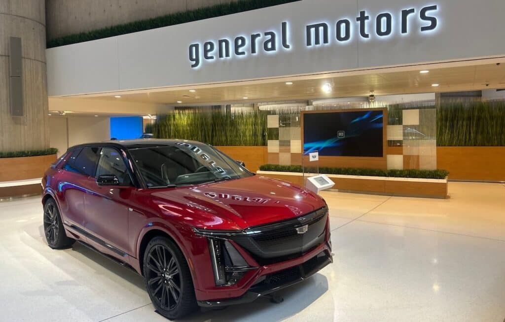 Red Cadillac SUV at General Motors HQ. Detroit, USA.