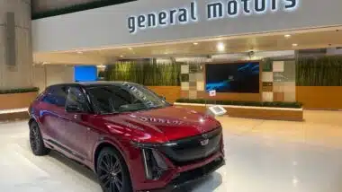 Red Cadillac SUV at General Motors HQ. Detroit, USA.