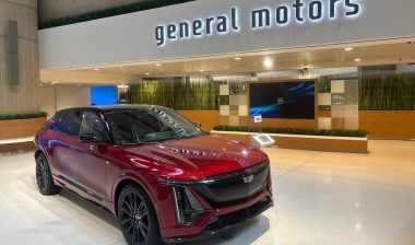 Red Cadillac SUV at General Motors HQ. Detroit, USA.