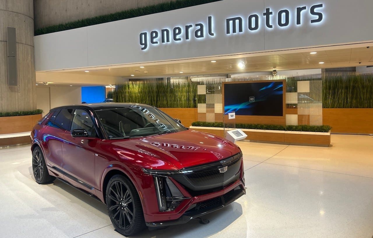 Red Cadillac SUV at General Motors HQ. Detroit, USA.