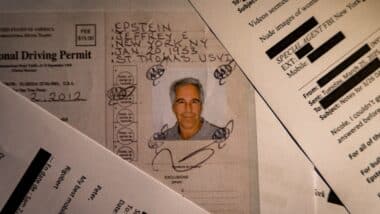 A document from the U.S. Department of Justice release of the Jeffrey Epstein files, showing Jeffrey Epstein, is seen photographed on a desk.
