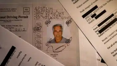 A document from the U.S. Department of Justice release of the Jeffrey Epstein files, showing Jeffrey Epstein, is seen photographed on a desk.