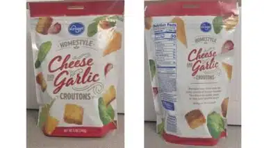 Kroger Homestyle Cheese Garlic Croutons, 5oz pouches, UPC 0 11110 81353 4
