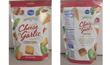 Kroger Homestyle Cheese Garlic Croutons, 5oz pouches, UPC 0 11110 81353 4
