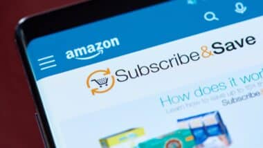 Amazon subscribe and save menu on smartphone screen close up view