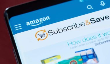 Amazon subscribe and save menu on smartphone screen close up view