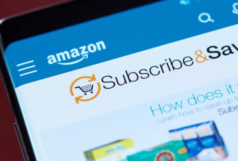 Amazon subscribe and save menu on smartphone screen close up view