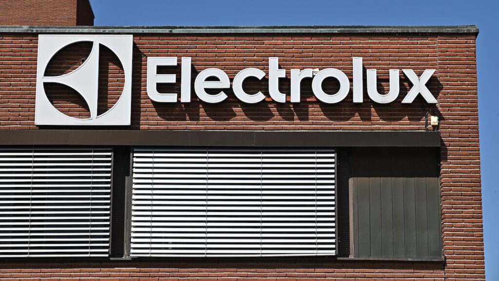 A wall sign for Swedish appliance manufacturer Electrolux at the company headquarters in Stockholm, Sweden.