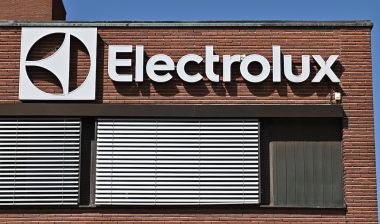 A wall sign for Swedish appliance manufacturer Electrolux at the company headquarters in Stockholm, Sweden.