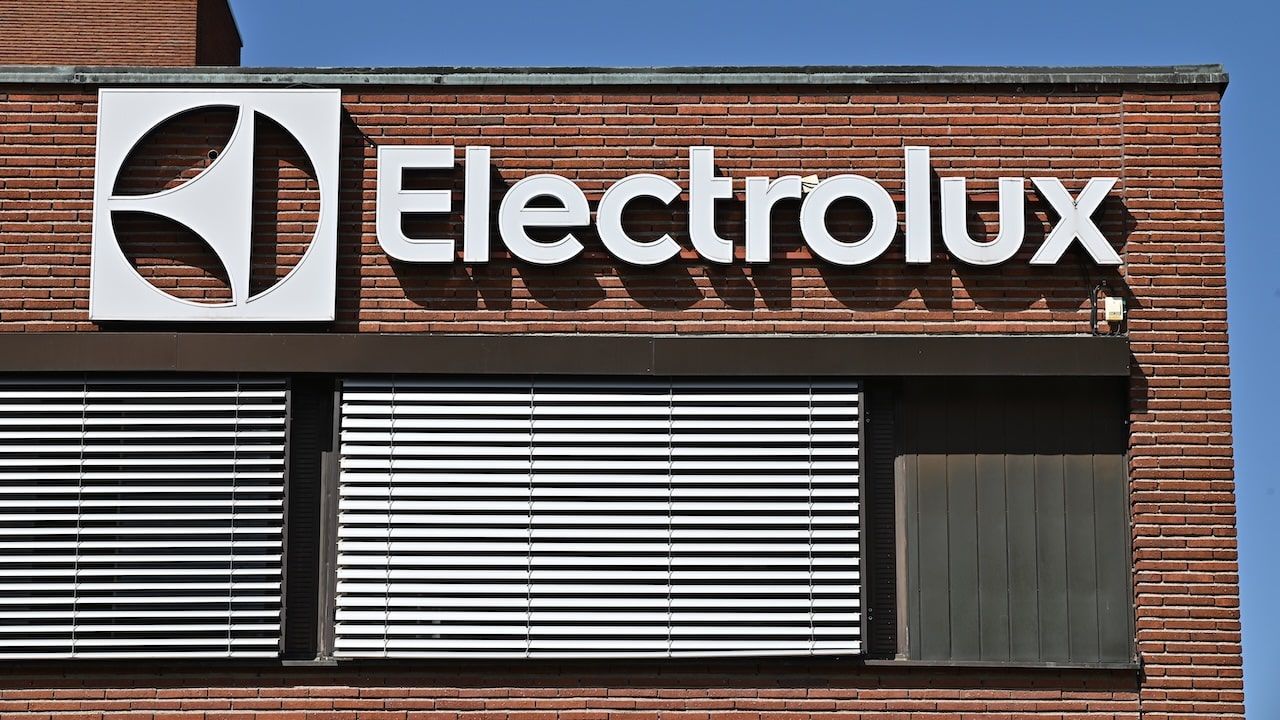 A wall sign for Swedish appliance manufacturer Electrolux at the company headquarters in Stockholm, Sweden.