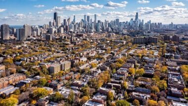 Chicago neighborhood buildings and city skyline panorama with skyscrapers on sunny autumn day