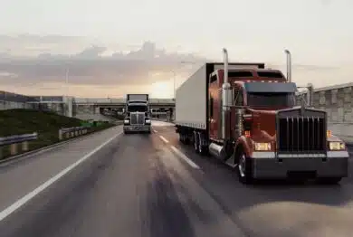 American style truck on freeway pulling load