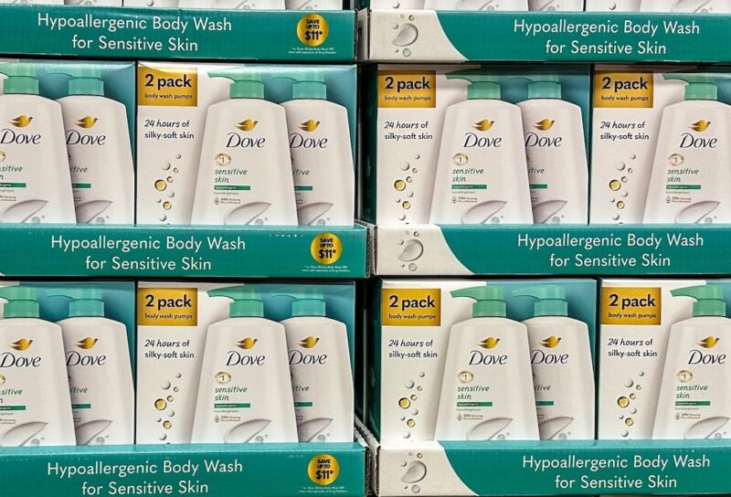 Bottles of Dove Sensitive Skin liquid soap