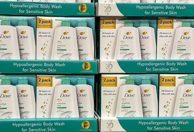 Bottles of Dove Sensitive Skin liquid soap