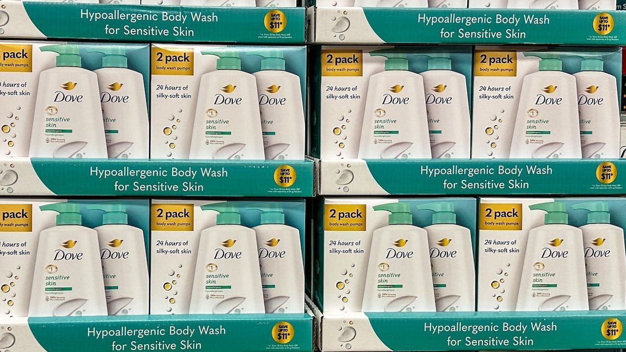 Bottles of Dove Sensitive Skin liquid soap