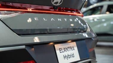 Hyundai Elantra Hybrid automobile at the 2025 Canadian International AutoShow.