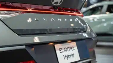 Hyundai Elantra Hybrid automobile at the 2025 Canadian International AutoShow.