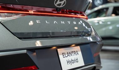 Hyundai Elantra Hybrid automobile at the 2025 Canadian International AutoShow.