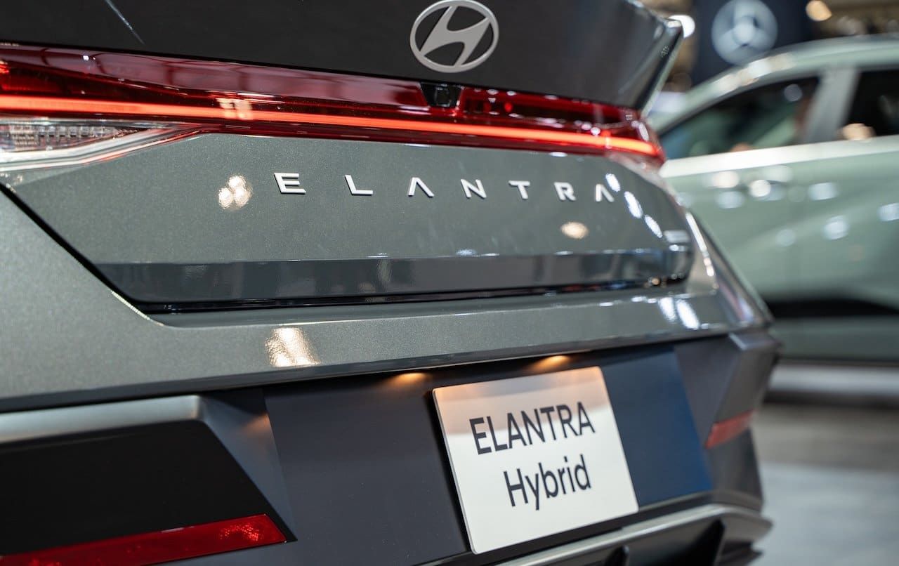 Hyundai Elantra Hybrid automobile at the 2025 Canadian International AutoShow.