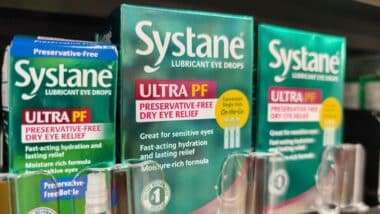 Display of Systane Lubricant Eye Drops on a Shelf in a Supermarket.