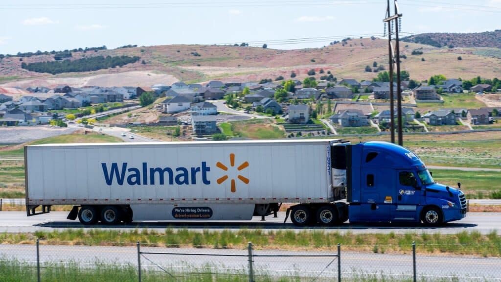 A Walmart trailer travels northbound on Interstate 15 in Santaquin, Utah, United States.