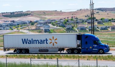 A Walmart trailer travels northbound on Interstate 15 in Santaquin, Utah, United States.