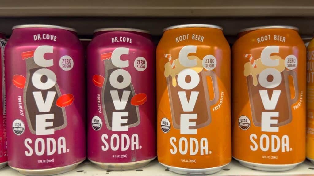 A view of several cans of Cove soda, at the store.