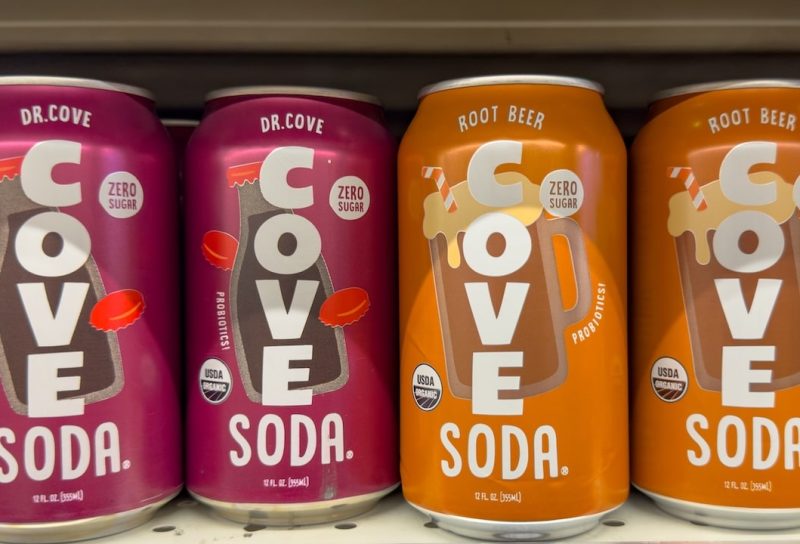 A view of several cans of Cove soda, at the store.