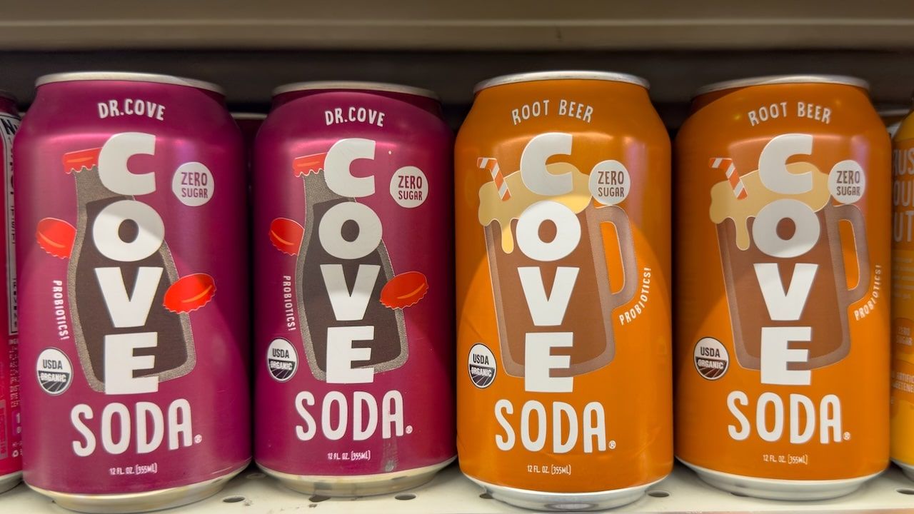 A view of several cans of Cove soda, at the store.
