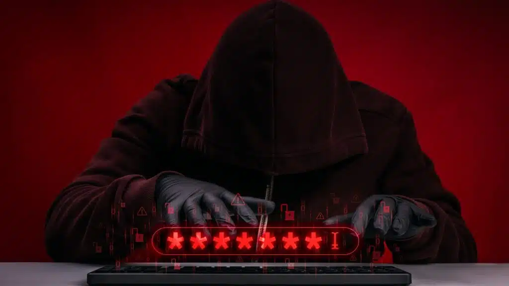 Hacker in hoodie stealing passwords by keyboard during cyberattack and data breach incident.