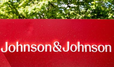 Close up of Johnson and Johnson corporate sign outdoors.