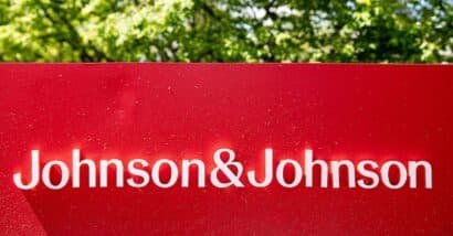 Close up of Johnson and Johnson corporate sign outdoors.