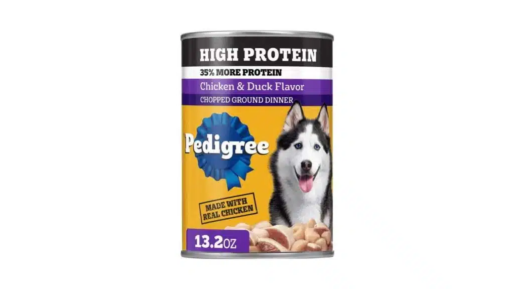 Pedigree Can High Protein Chopped Chicken & Duck Flavor wet dog food.