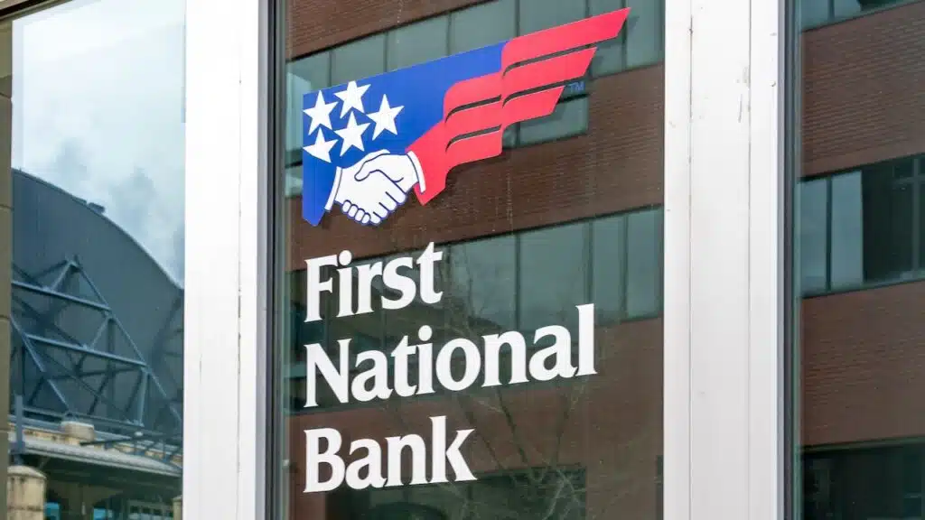Sign and logo of First National Bank