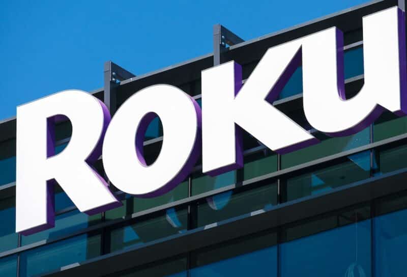Roku sign and logo on facade of consumer electronics and broadcast media company headquarters in Silicon Valley
