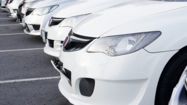 Row of white Honda cars at dealer