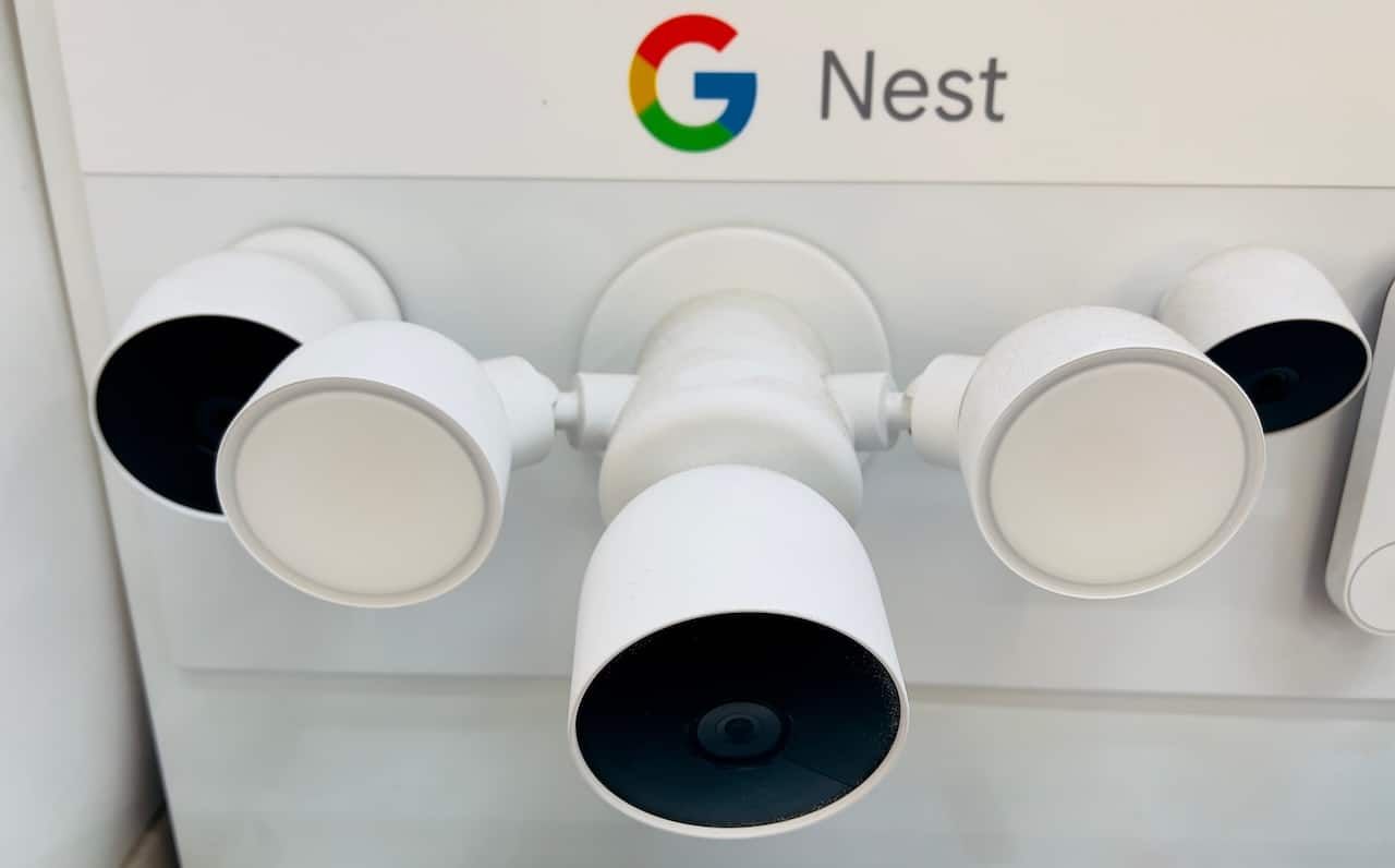 Google Nest flood light with camera on display inside a big box store.