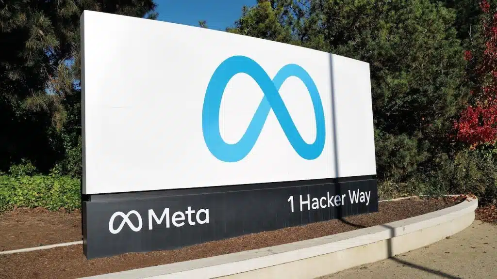 The roadside sign of social media giant META the parent company of Facebook, Instagram and WhatsApp.