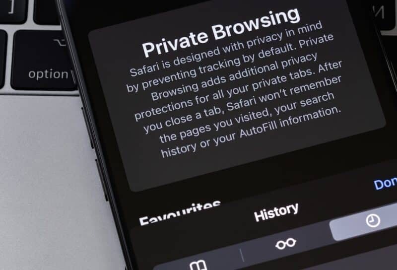 Apple iPhone with browser Safari history, cookies and other browsing data.