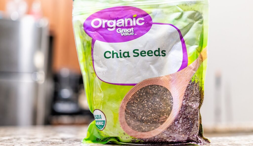 closeup of Organic Great Value Walmart bag package of raw chia seeds