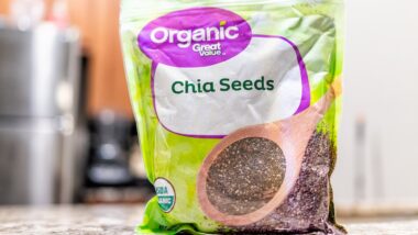 closeup of Organic Great Value Walmart bag package of raw chia seeds