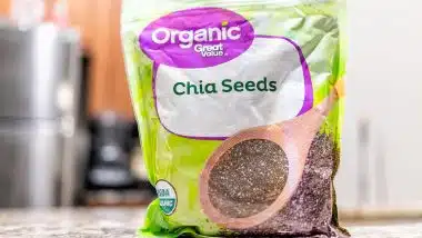 closeup of Organic Great Value Walmart bag package of raw chia seeds